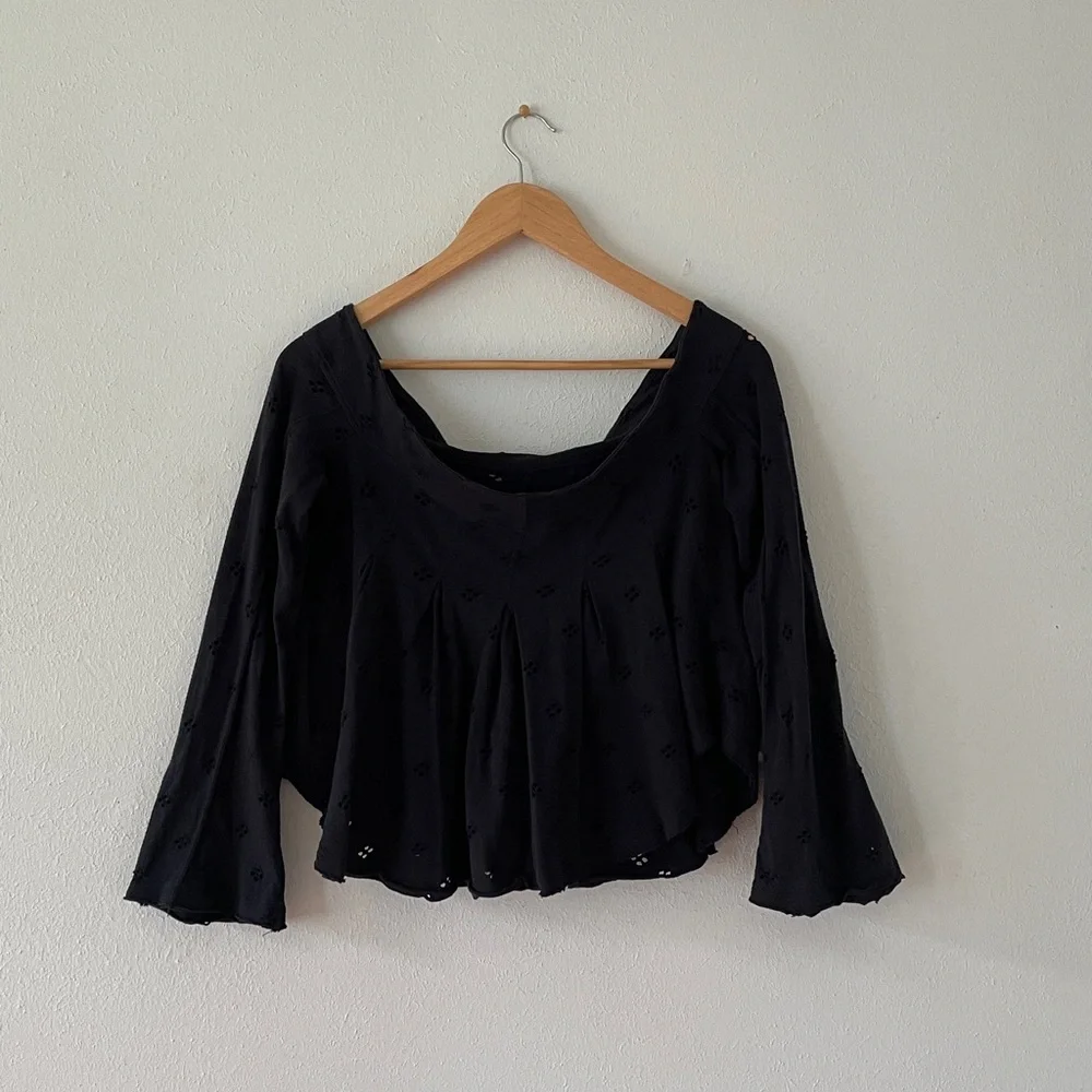 Free People Eyelet Blouse Flare Sleeve Washed Boho Black Medium